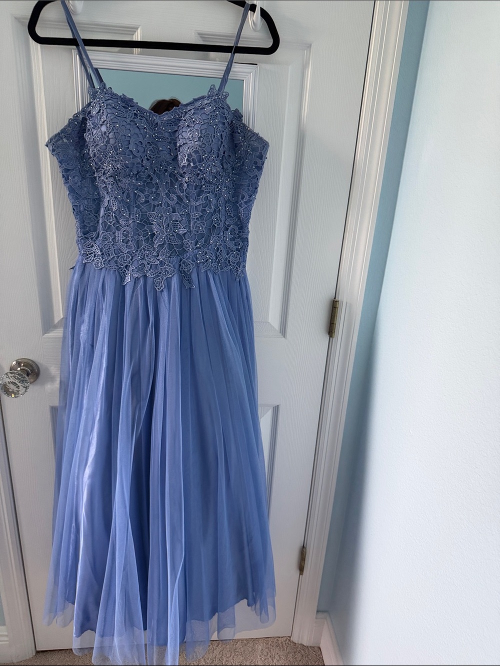 Girls Lace Bodice Tulle Midi Dress in Periwinkle Blue